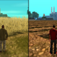 A screenshot comparing the full grassy fields from the PS2 version with the barren land in the port.